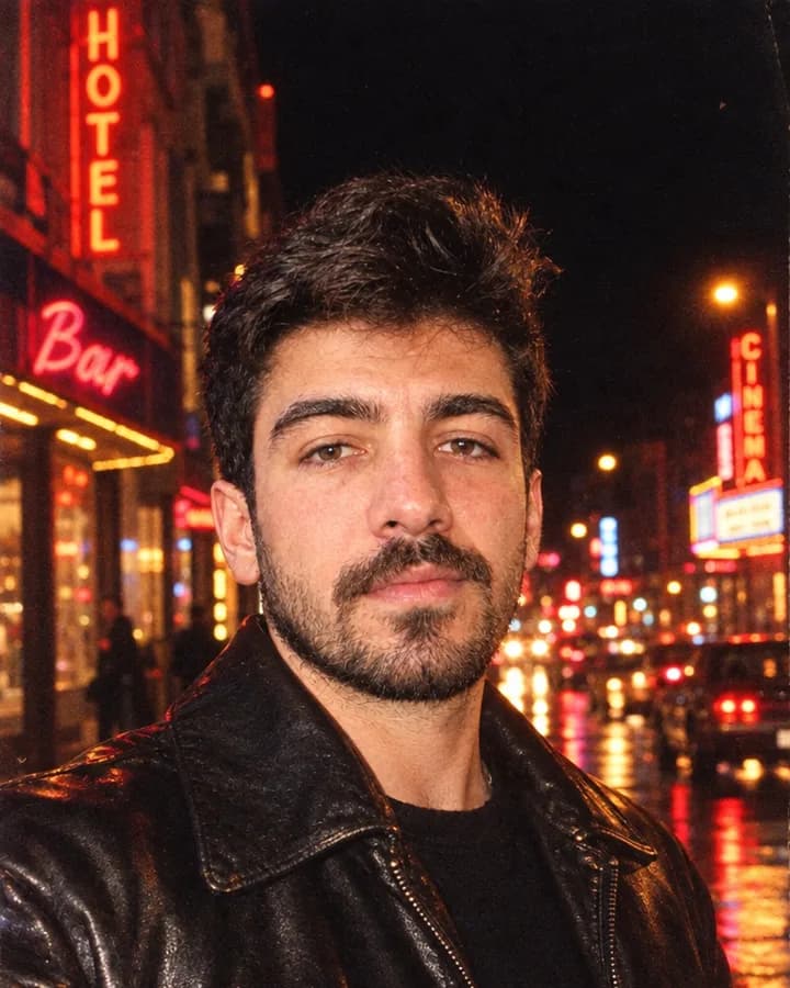 Aynı kişinin 80'ler gece sokak hâli: neon tabelalar, deri ceket, doğrudan flaş