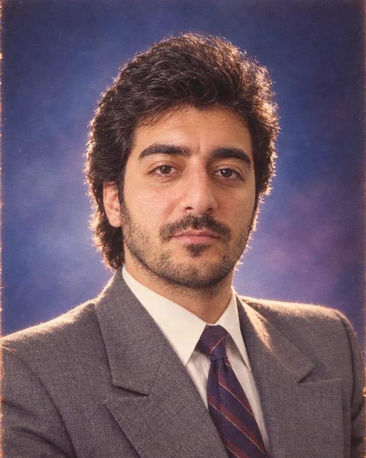 Aynı kişinin 1987 stüdyo portresi hâli: mavi-mor gradyan fon, takım elbise, dönem saç kesimi