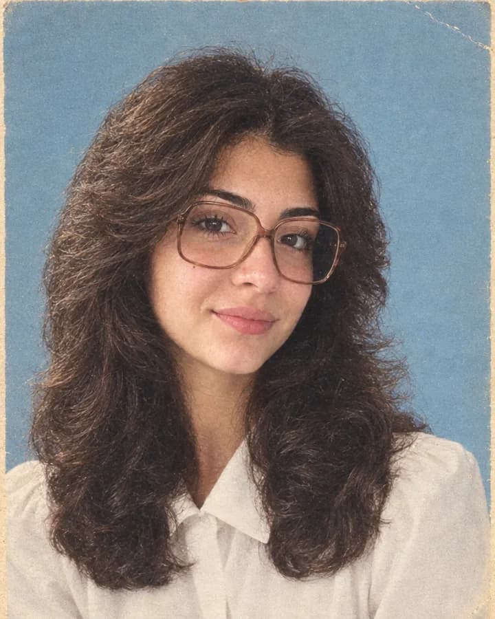 Aynı kişinin 1986 lise yıllığı karesi: kabarık saç, büyük çerçeveli gözlük, açık mavi fon